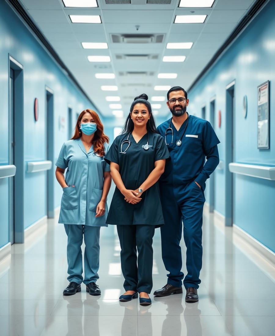 Equipe multidisciplinar de saúde em corredor de clínica moderna