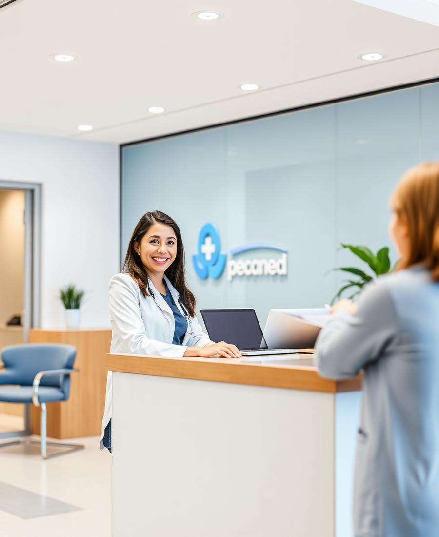 Recepcionista de clínica atendendo uma paciente na recepção